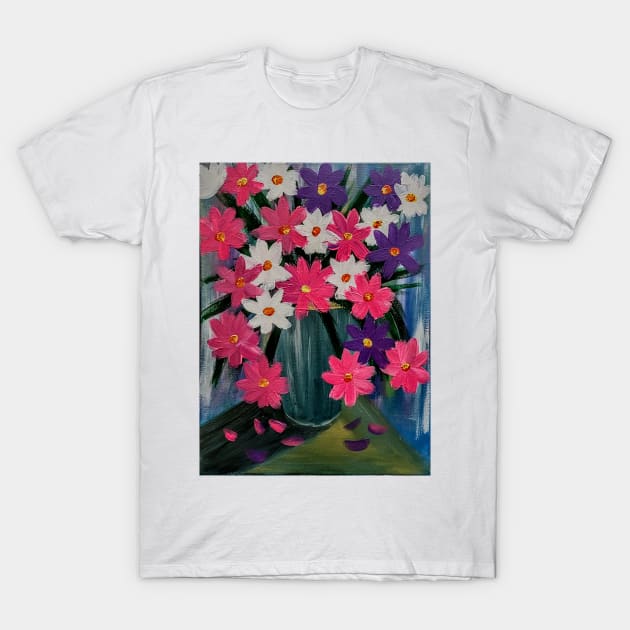 Some bright and colorful abstract flowers in a turquoise vase. T-Shirt by kkartwork